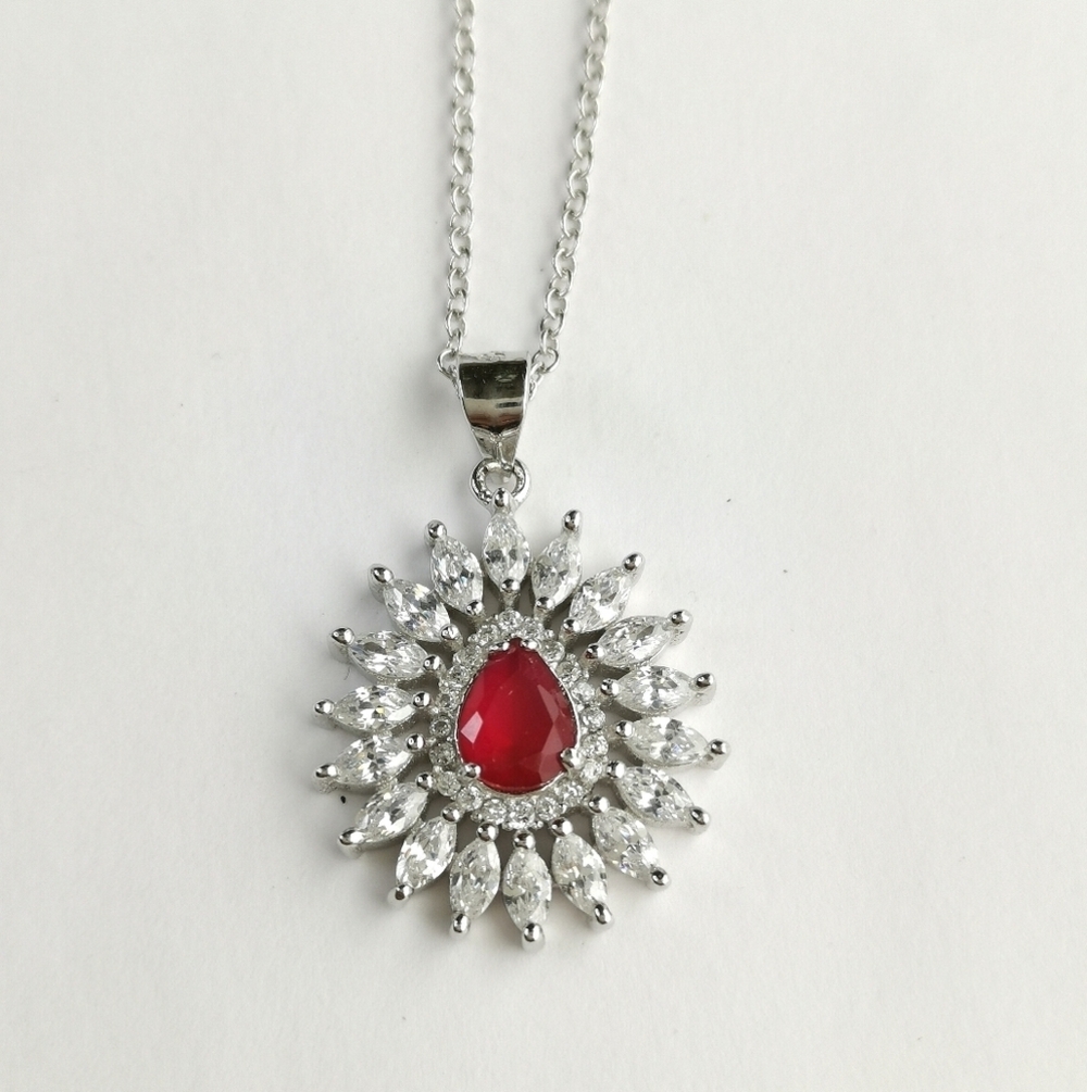 Lab created Ruby and Cz Halo pendant necklace